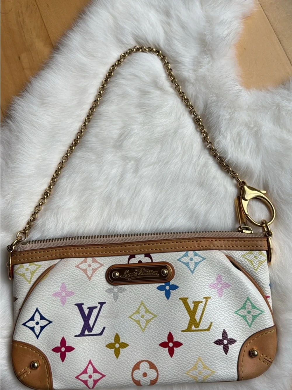 Louis Vuitton White Multicolor Monogram Mini wristlet clutch milla  Gold Chain